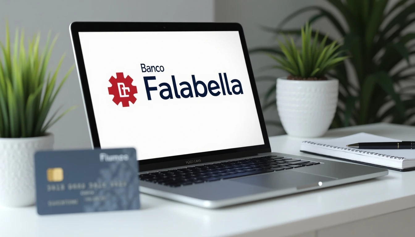 Escritorio moderno con acceso digital al Banco Falabella y tarjeta CMR