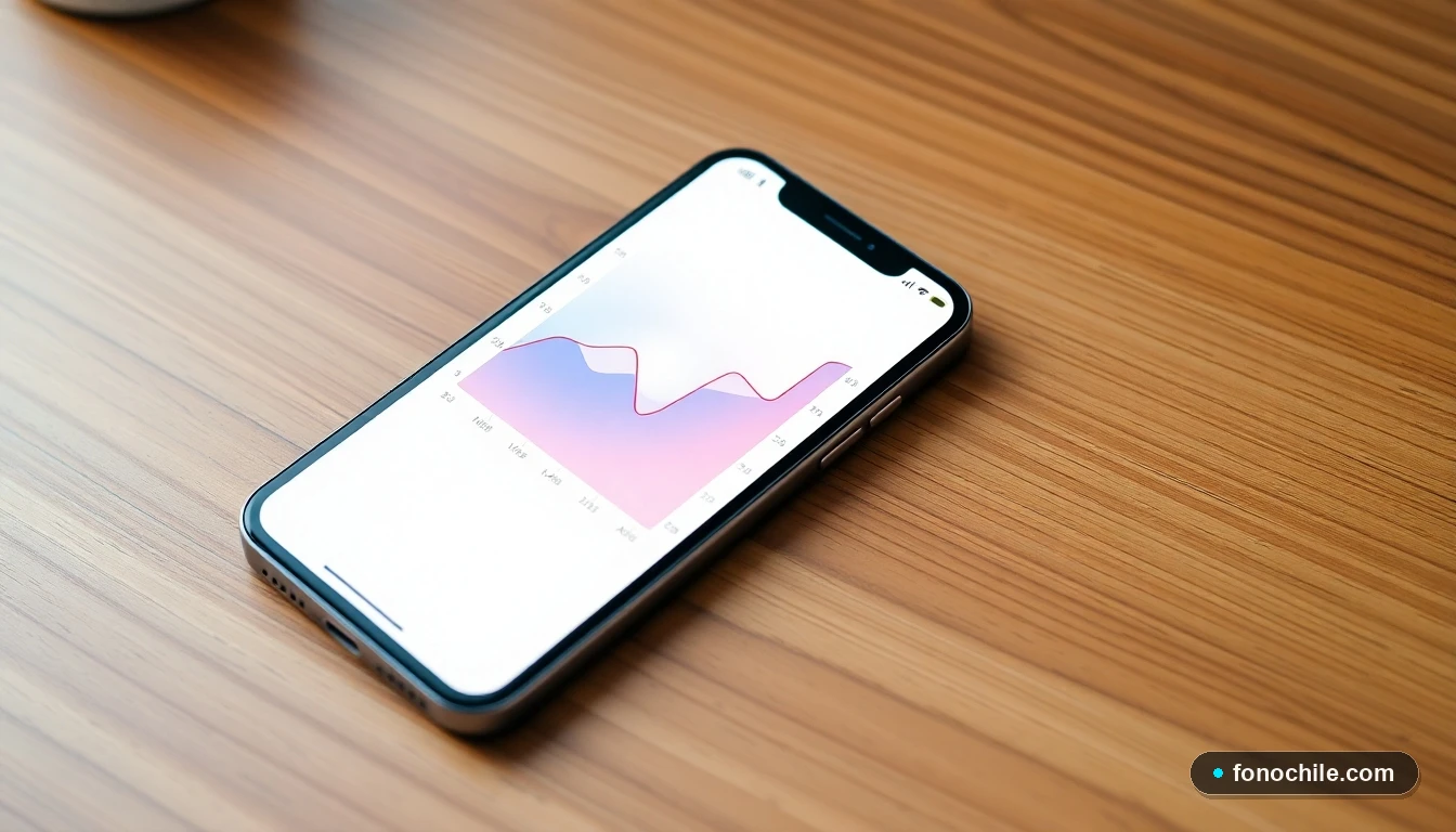 Smartphone mostrando gráfico abstracto de datos sobre acceso a asesoría legal en Chile