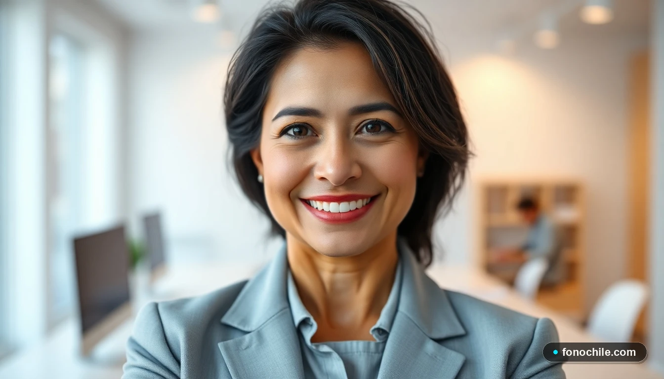 Primer plano de una agente de servicio al cliente de Fono Sencillito sonriendo con calidez, con un fondo desenfocado profesional.