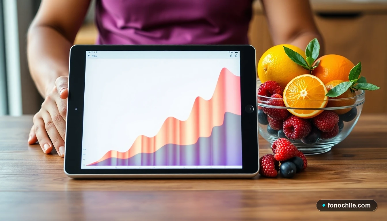 Gráfico abstracto de colores que muestra el aumento de la actividad de las defensas naturales, junto a alimentos ricos en vitaminas.