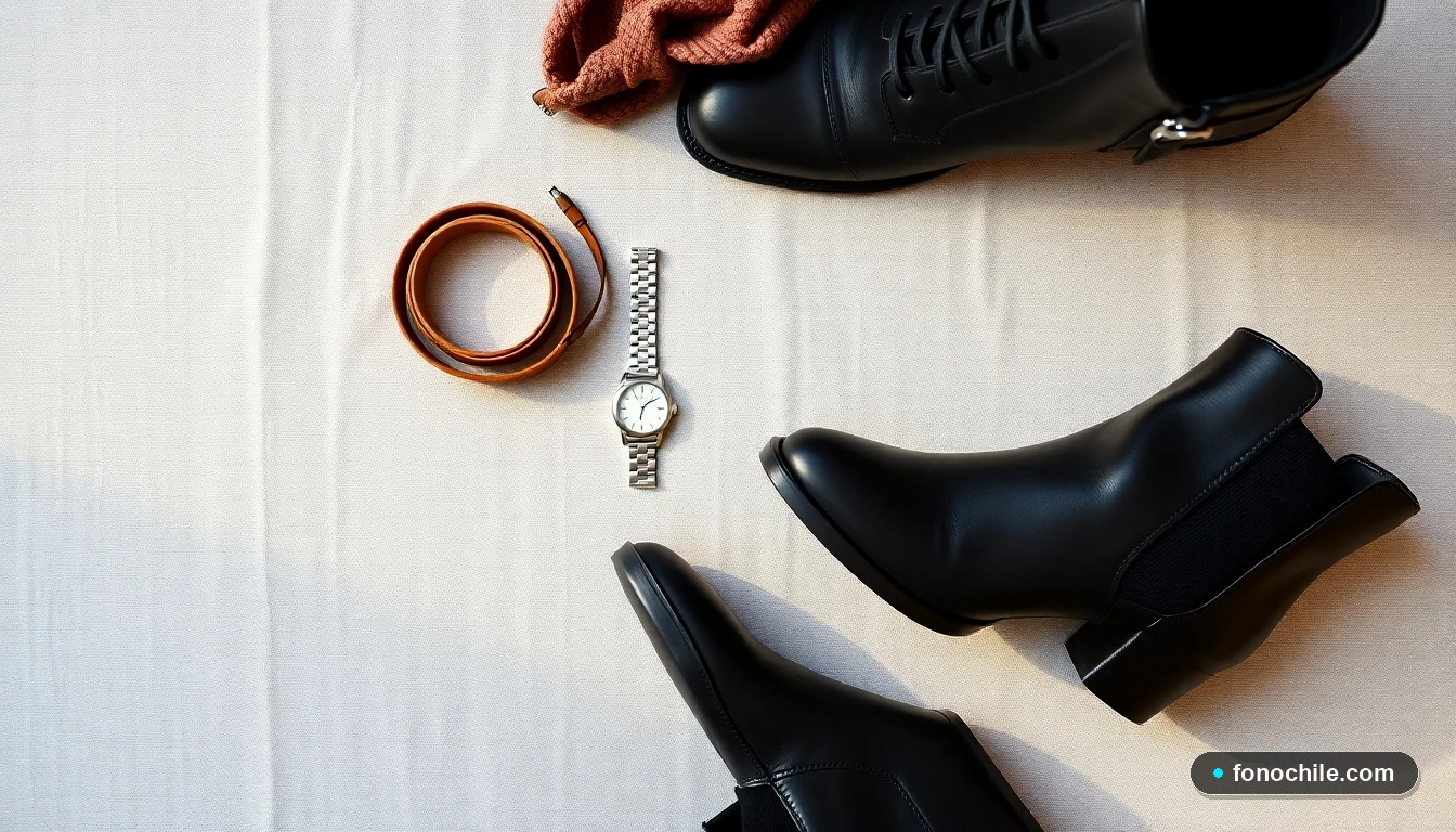 Vista aérea de un flat lay de moda con un cinturón de cuero, un reloj y botines negros, organizados sobre una tela gris clara.