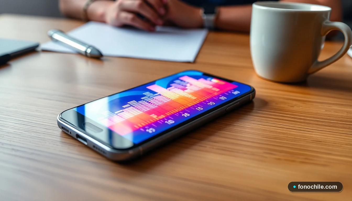 Smartphone mostrando un ecualizador de frecuencias de radio abstracto y colorido en su pantalla.