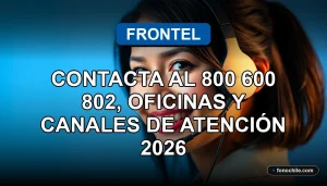 Mujer latina sonriente con auriculares de servicio al cliente, fondo azul corporativo.