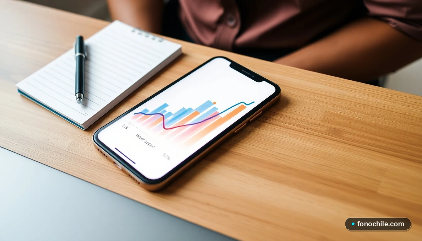 Smartphone mostrando gráficos de datos sobre apoyo oncológico en Chile, sobre un escritorio de madera.
