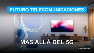 Concepto de telecomunicaciones del futuro en Chile, más allá de la tecnología 5G, con cables de fibra óptica brillantes y un hogar inteligente.