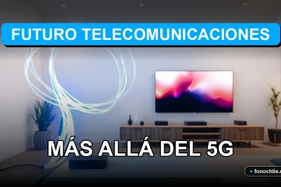 Concepto de telecomunicaciones del futuro en Chile, más allá de la tecnología 5G, con cables de fibra óptica brillantes y un hogar inteligente.