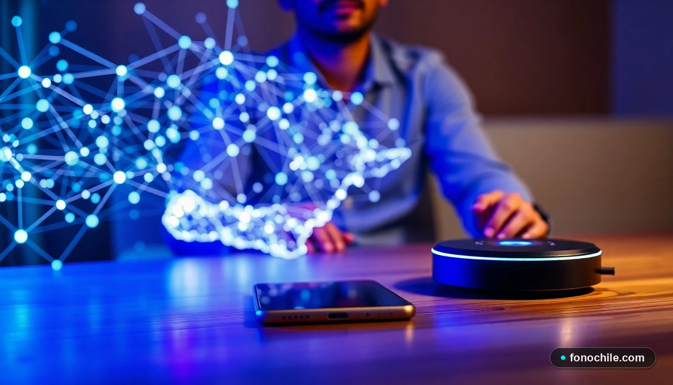 Visualización abstracta de la red de telecomunicaciones del futuro en Chile, con flujos de datos y dispositivos inteligentes.