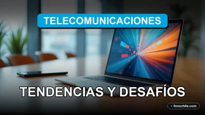 Tendencias de telecomunicaciones en Chile 2026 con gráficos abstractos de datos en una oficina moderna.