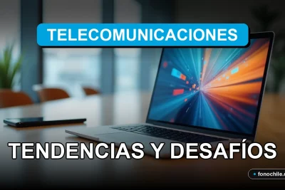 Tendencias de telecomunicaciones en Chile 2026 con gráficos abstractos de datos en una oficina moderna.