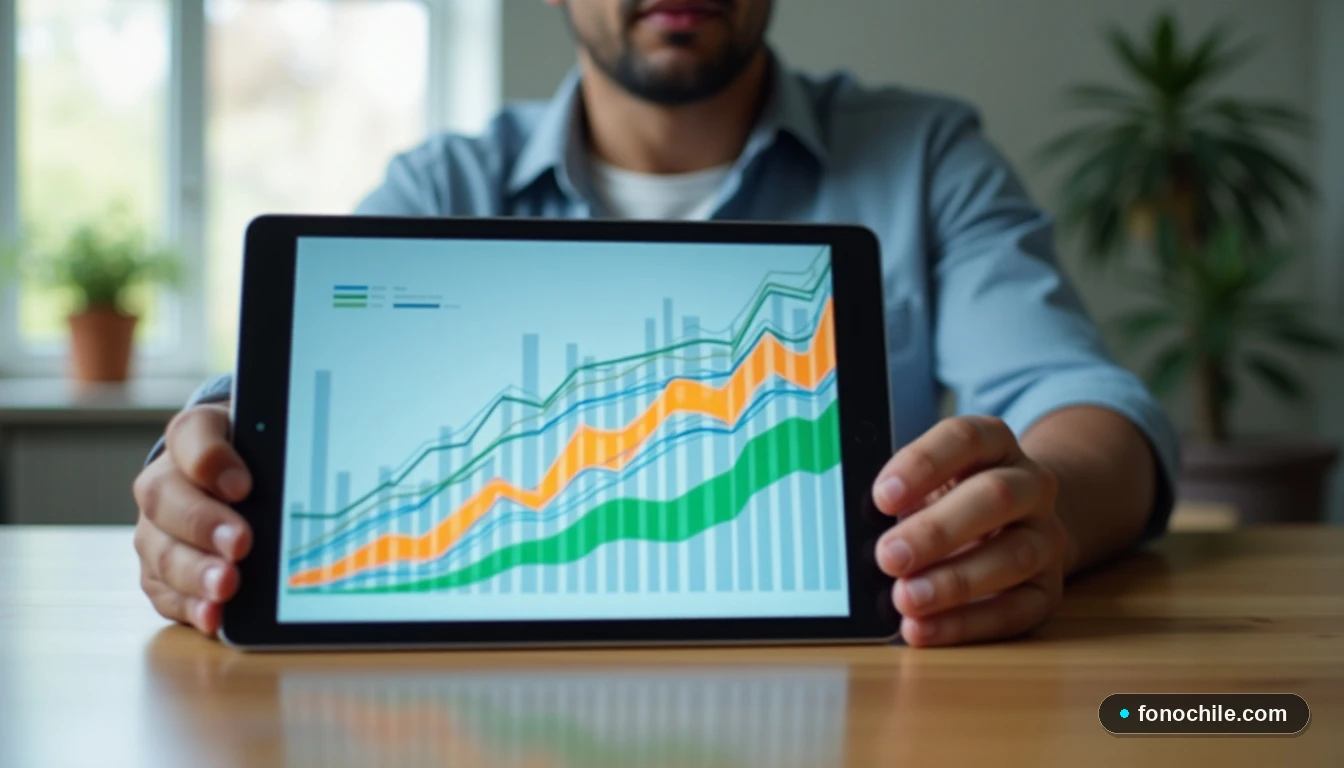 Tablet mostrando gráficos abstractos de crecimiento de redes de telecomunicaciones en Chile sobre un escritorio moderno.