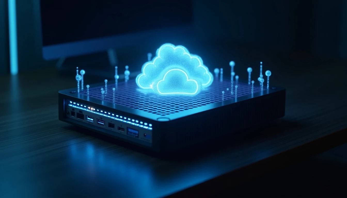 Consola de videojuegos futurista con transmisión de datos en la nube hacia un router de alta velocidad, sobre escritorio de madera oscura.