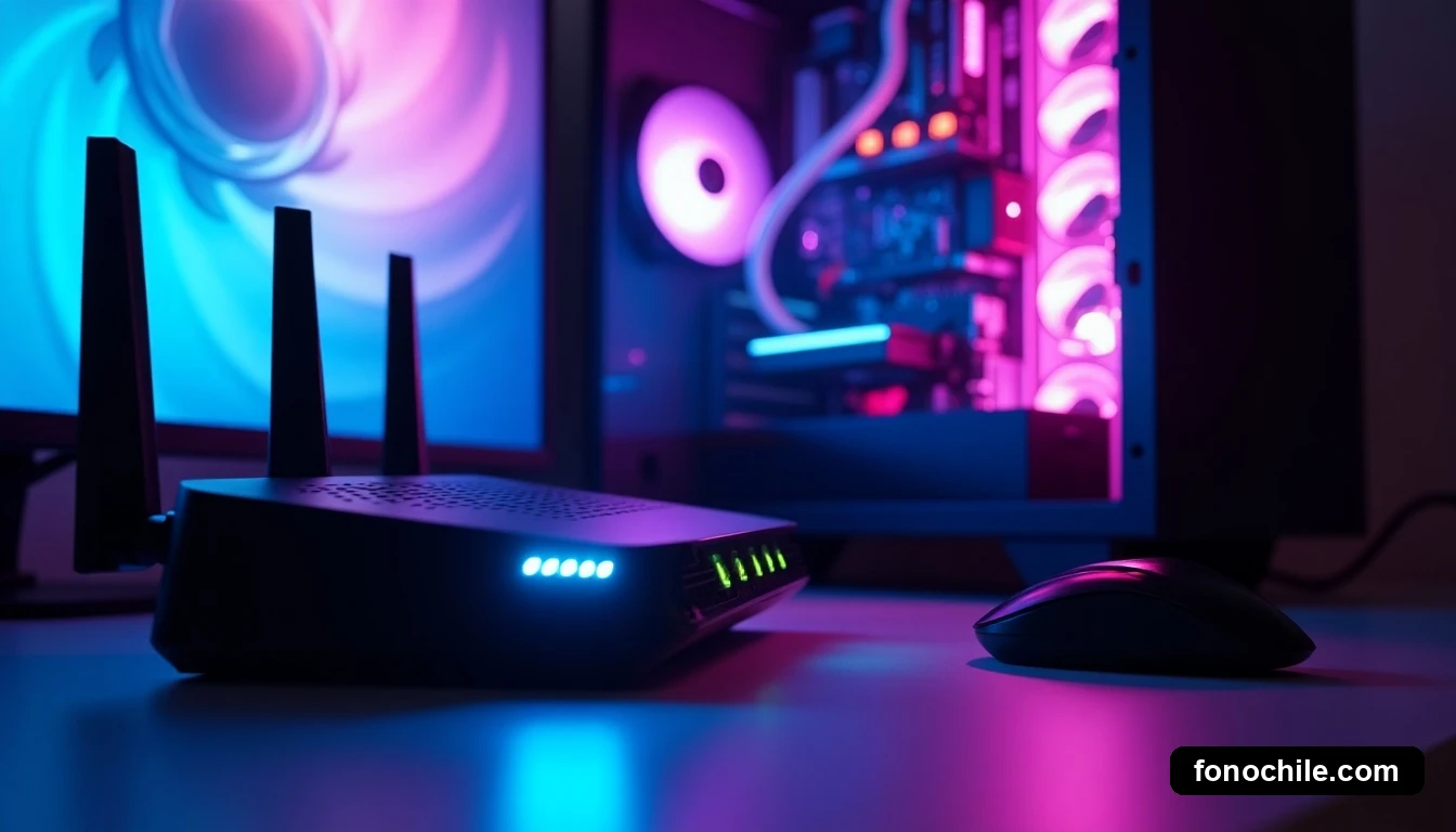 Primer plano detallado de un router moderno y una torre de PC con iluminación RGB cian, componentes internos visibles, en un escritorio de gamer.