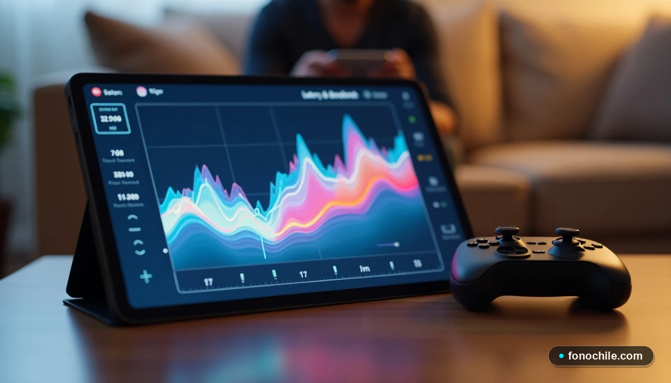 Gráfico abstracto de colores mostrando datos de latencia y ancho de banda para servicios de Gaming Cloud en Chile.