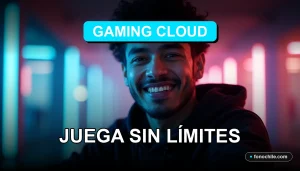 Un hombre latinoamericano sonríe con confianza mientras mira a la cámara, representando el servicio de Gaming Cloud 2026 en Chile. Fondo desenfocado con luces de neón ciberpunk.
