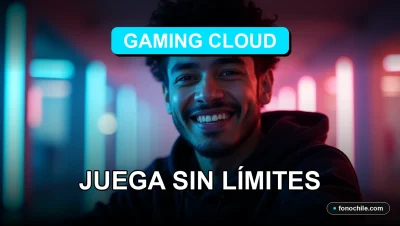 Un hombre latinoamericano sonríe con confianza mientras mira a la cámara, representando el servicio de Gaming Cloud 2026 en Chile. Fondo desenfocado con luces de neón ciberpunk.