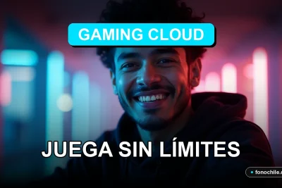 Un hombre latinoamericano sonríe con confianza mientras mira a la cámara, representando el servicio de Gaming Cloud 2026 en Chile. Fondo desenfocado con luces de neón ciberpunk.