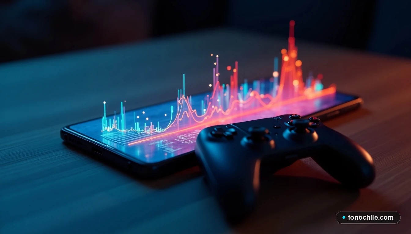 Gráfico abstracto de latencia y ancho de banda para Gaming Cloud, con smartphone y mando en mesa.