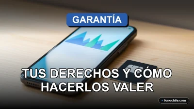 Derechos de garantía de celulares en Chile, teléfono inteligente en mesa con gráficos abstractos.