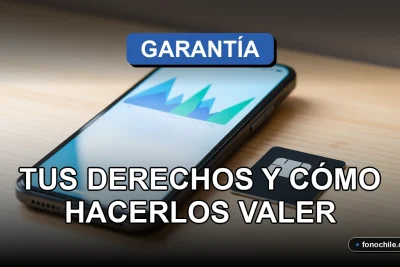 Derechos de garantía de celulares en Chile, teléfono inteligente en mesa con gráficos abstractos.