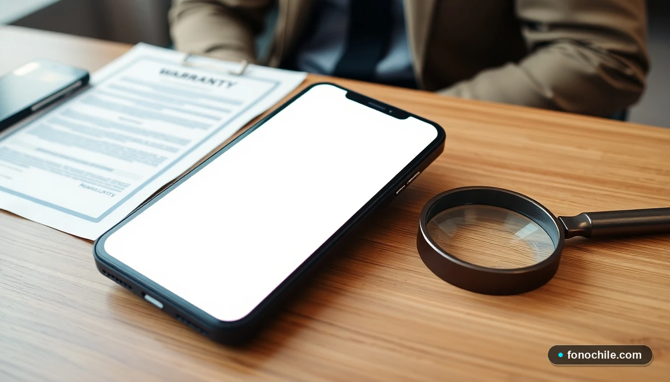 Smartphone con certificado de garantía sobre una mesa, símbolo de protección al consumidor en Chile.