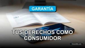 Derechos de garantía de dispositivos electrónicos en Chile, teléfono inteligente sobre mesa con gráficos abstractos.