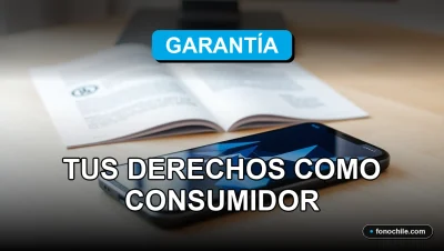 Derechos de garantía de dispositivos electrónicos en Chile, teléfono inteligente sobre mesa con gráficos abstractos.