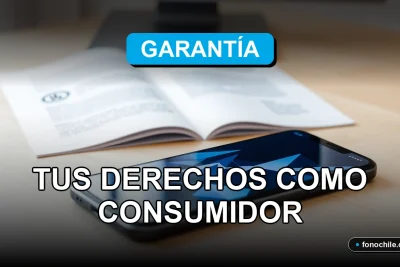 Derechos de garantía de dispositivos electrónicos en Chile, teléfono inteligente sobre mesa con gráficos abstractos.