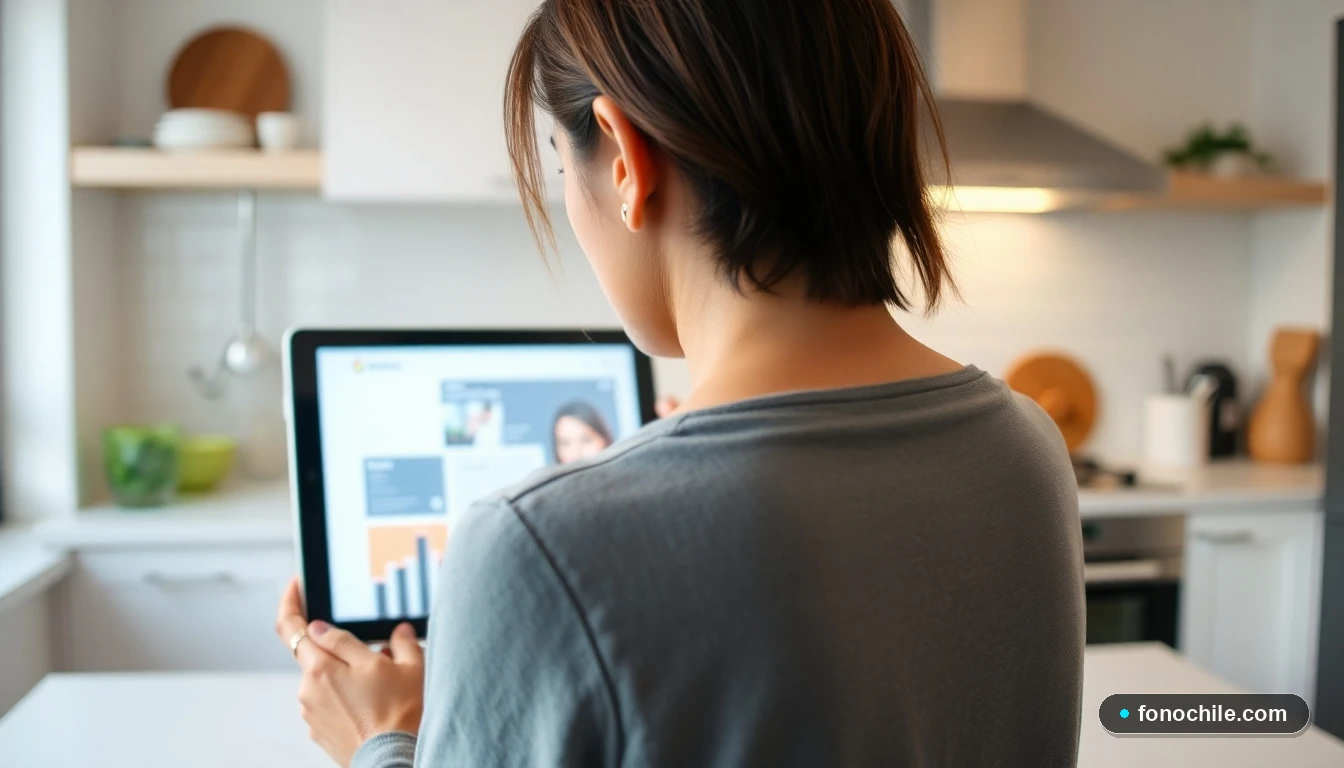 Vista desde atrás de una cliente revisando una tablet en su cocina, representando el proceso de pedir gas a domicilio de manera digital.