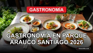 Vista aérea de platos gourmet y ingredientes frescos en un evento de gastronomía en Parque Arauco, Santiago.