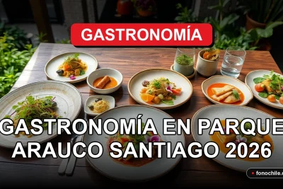 Vista aérea de platos gourmet y ingredientes frescos en un evento de gastronomía en Parque Arauco, Santiago.