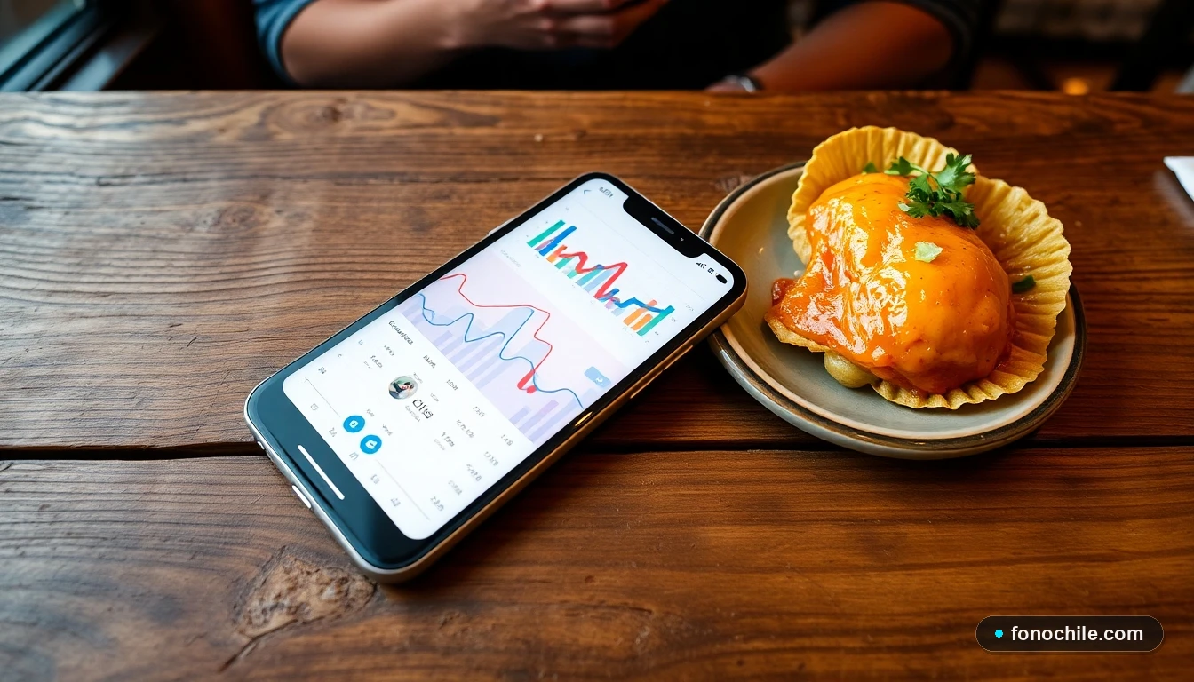 Smartphone mostrando datos de consumo junto a un plato típico chileno en un restaurante del Parque Arauco.