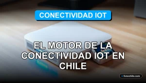 Un router IoT moderno y un sensor inteligente sobre una mesa de diseño, con gráficos abstractos de colores en sus pantallas, representando la automatización y conectividad en Chile.