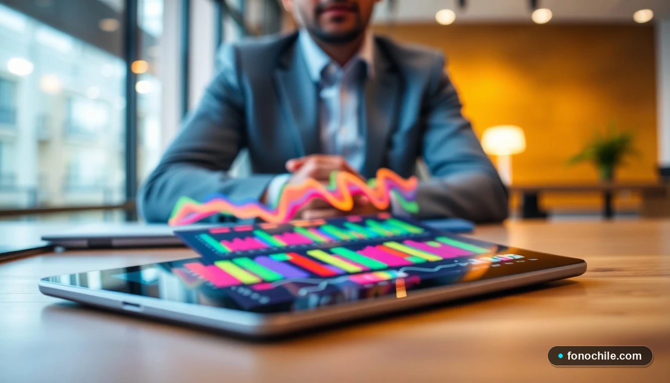 Visualización abstracta de datos de gestión automatizada IoT en una tableta, mostrando gráficos de colores en un entorno de oficina moderna.