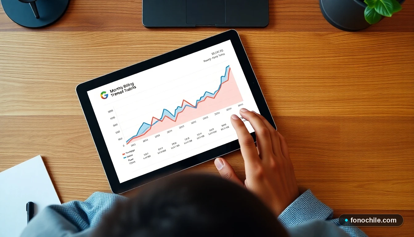 Gráfico abstracto de colores mostrando tendencias de facturación mensual en una tablet sobre una mesa de madera.