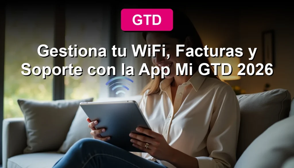 A woman smiles confidently while using the Mi GTD 2026 app on her tablet, with a modern living room and a stable WiFi icon glowing in the background.
