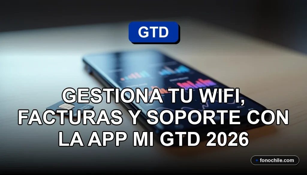 Una aplicación móvil moderna muestra gráficos abstractos de colores, representando la gestión de WiFi y servicios, junto a un teléfono inteligente negro y una tarjeta SIM, todos reposando sobre una mesa de madera clara.