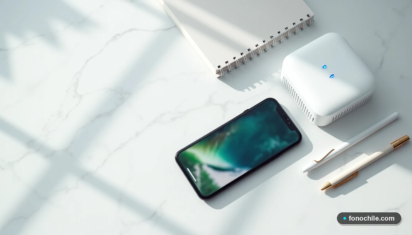 Vista aérea de un teléfono inteligente y un router WiFi moderno sobre una superficie de mármol blanco, representando el fácil manejo de la red doméstica.