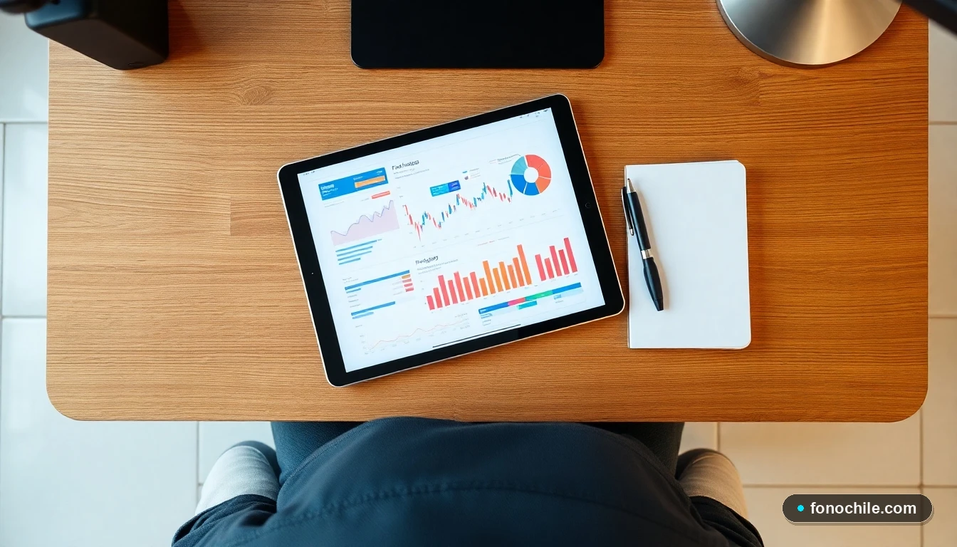 Tablet sobre escritorio mostrando gráficos abstractos de finanzas personales para planificación presupuestaria.