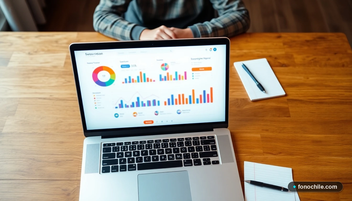 Dashboard visual de gestión de suscripciones digitales mostrando gráficos de gastos en una computadora portátil.
