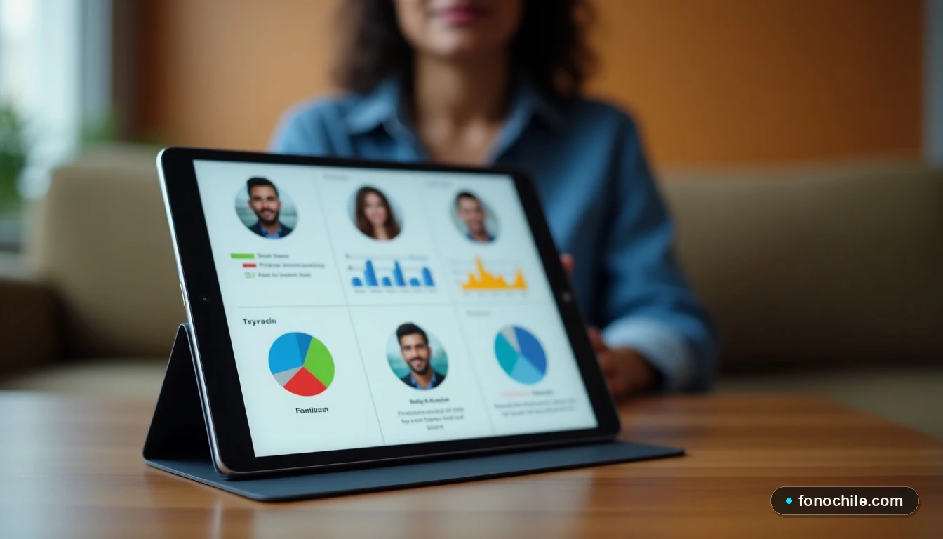 Interfaz digital abstracta mostrando múltiples perfiles de usuario y gráficos de colores en una tableta, concepto de gestión de streaming.