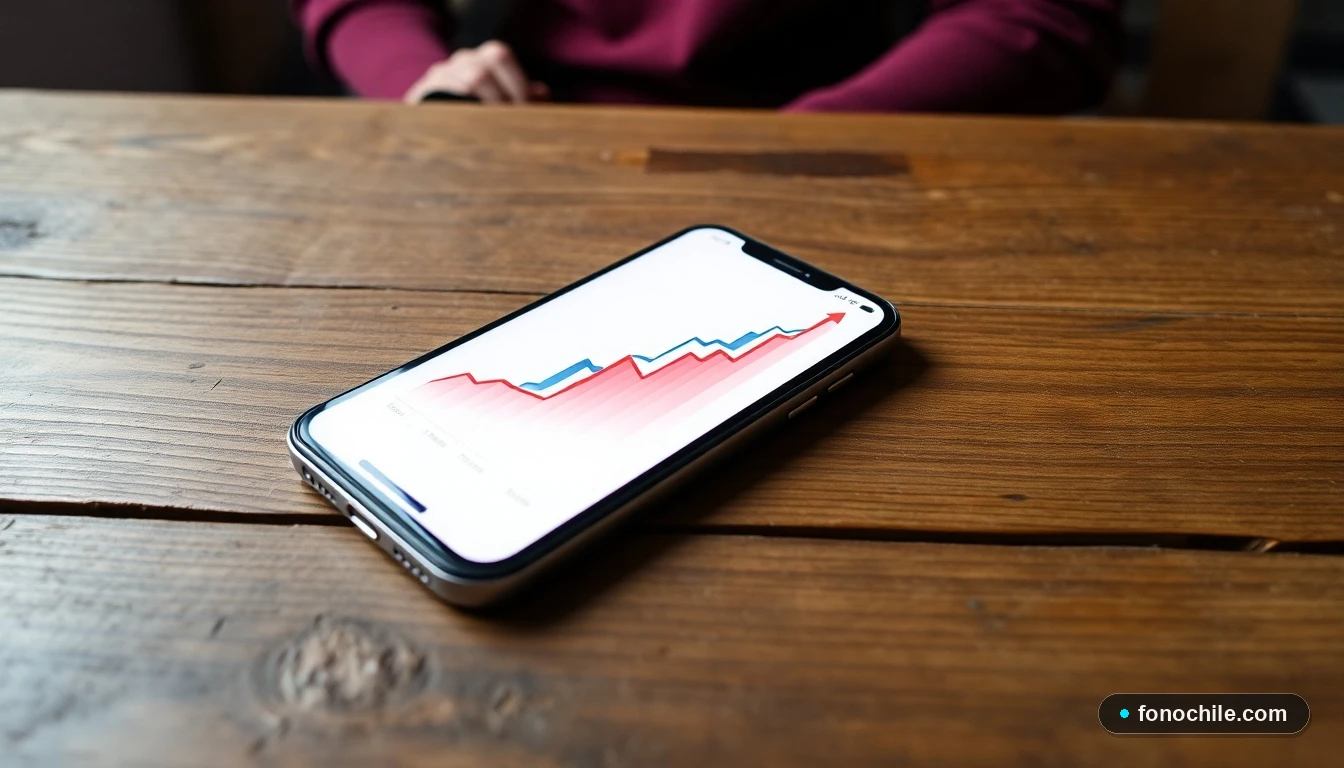 Smartphone mostrando gráfico abstracto de transacciones de giros postales en Chile sobre mesa de madera.