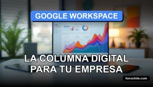 Un escritorio moderno minimalista con una laptop abierta mostrando gráficos abstractos, representando Google Workspace para empresas en Chile.