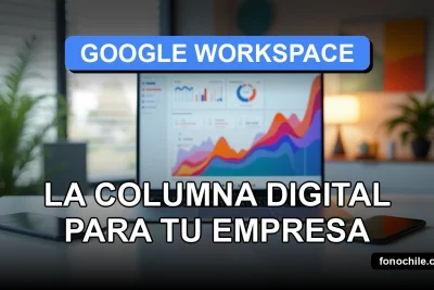 Un escritorio moderno minimalista con una laptop abierta mostrando gráficos abstractos, representando Google Workspace para empresas en Chile.