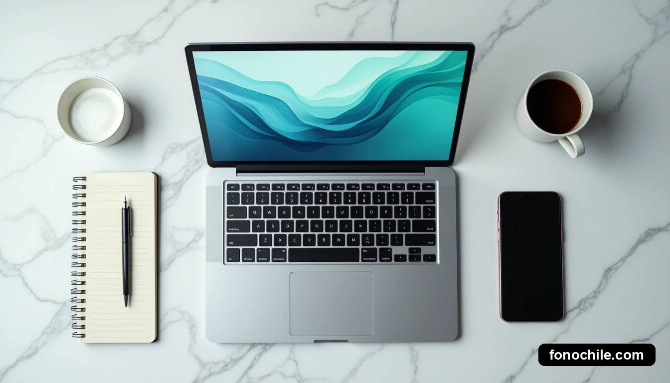 Vista superior de herramientas de trabajo modernas en una mesa, incluyendo laptop, teléfono y cuaderno, mostrando colaboración con Google Workspace.