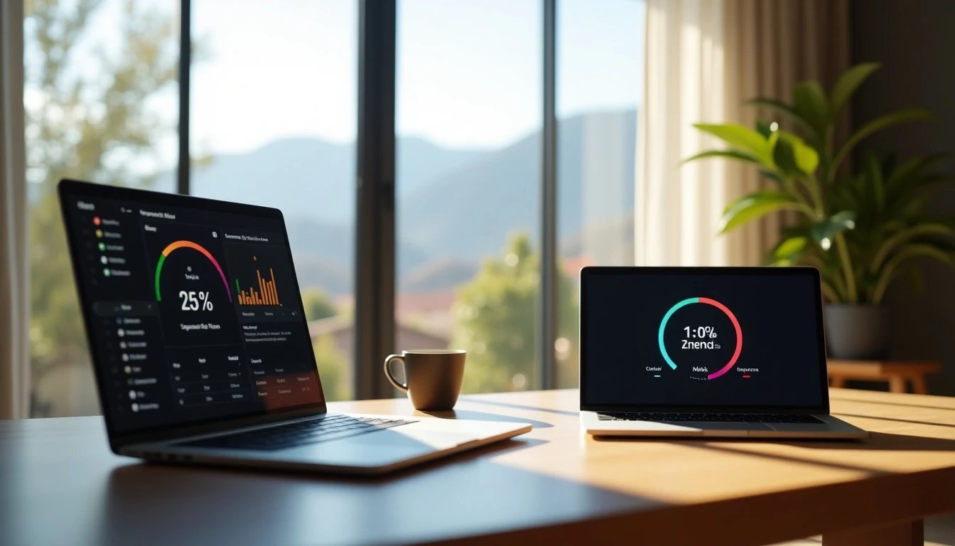 Equipo de telecomunicaciones moderno en hogar chileno con vista a los Andes, mostrando prueba de velocidad de internet fibra óptica.