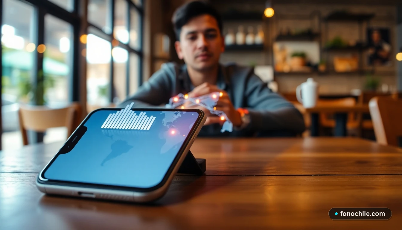 Smartphone mostrando un mapa abstracto de cobertura de red móvil en un entorno cotidiano en Chile.