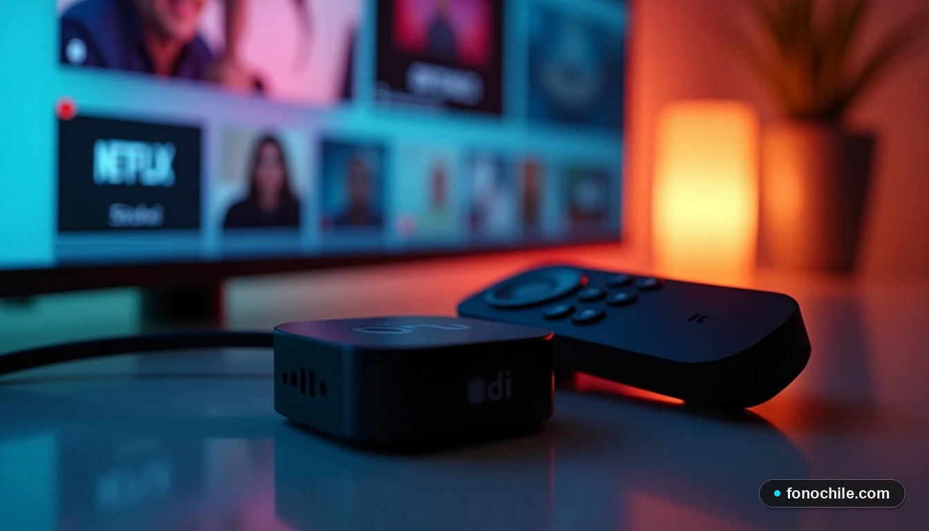 Dispositivos modernos de streaming para TV online sobre una consola, con pantalla de fondo mostrando interfaz genérica.