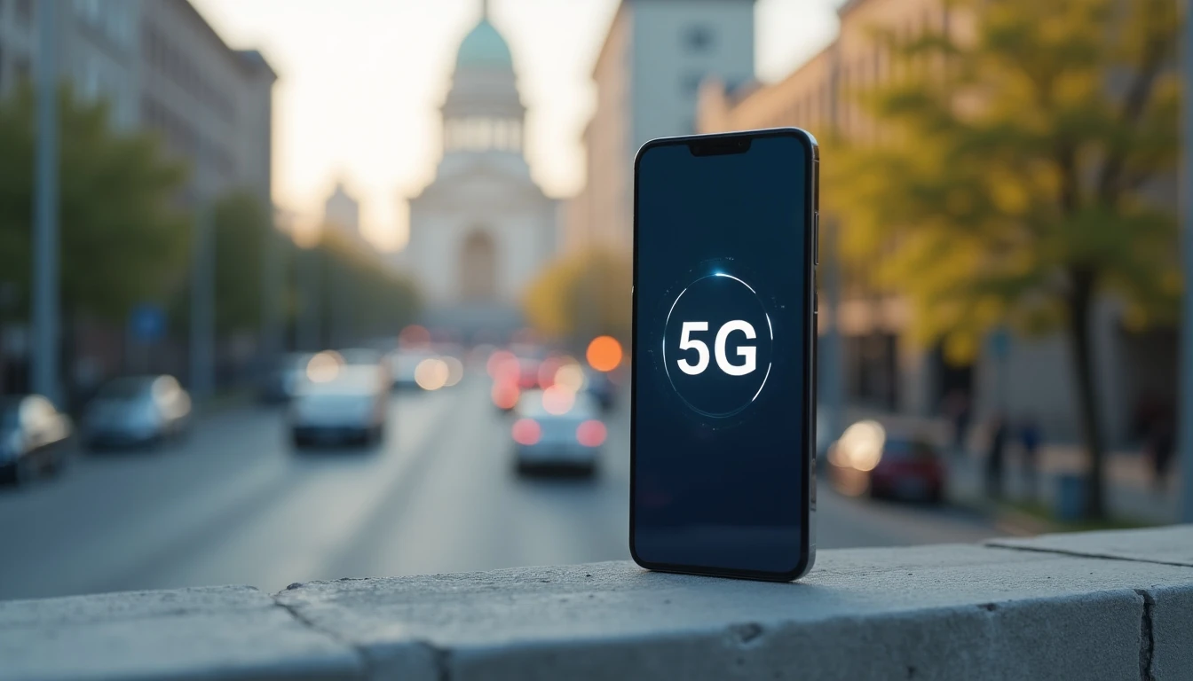 Smartphone mostrando el ícono de red 5G en Chile sobre fondo urbano desenfocado