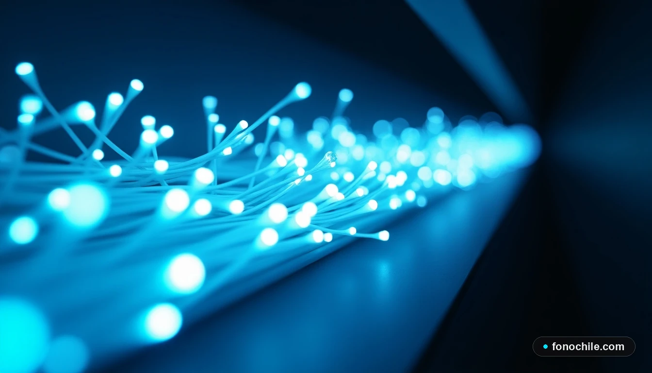 Primer plano abstracto de cables de fibra óptica iluminados, representando la velocidad y infraestructura de la red 5G.
