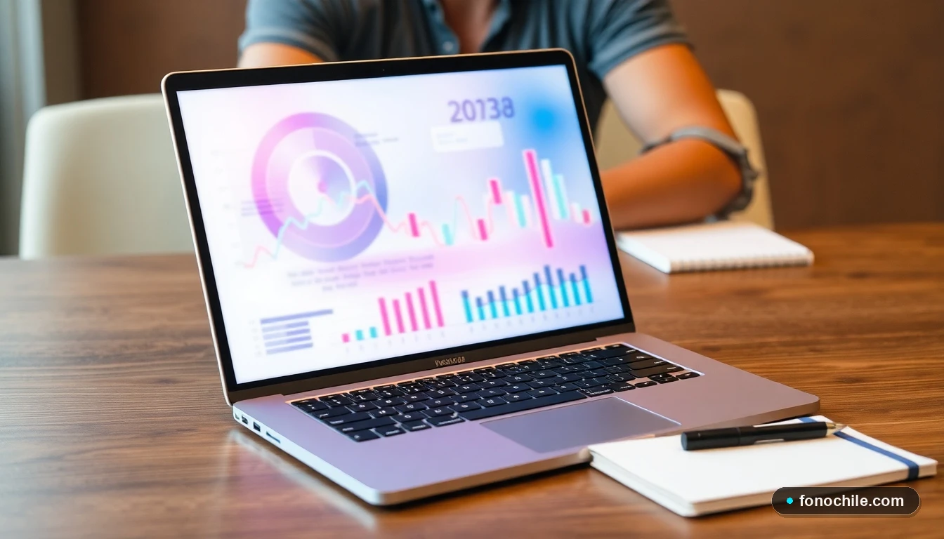 Laptop mostrando gráficos abstractos de colores sobre planificación universitaria en un escritorio.